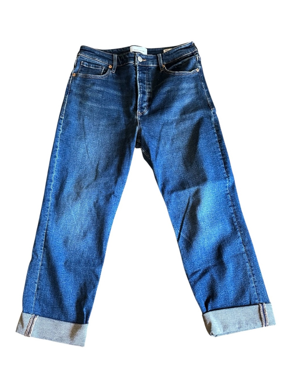 Dear John Indigo Straight-Leg High Rise Cuffed or Raw Hem Stretch Denim Jeans